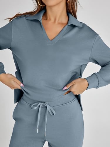 Glamaker Fall Outfits For Women 2024 Long Sleeve Two Piece Sets V Neck Lounge Sets 2 Piece Sweat Set (Dusty Blue XL) - Image 5