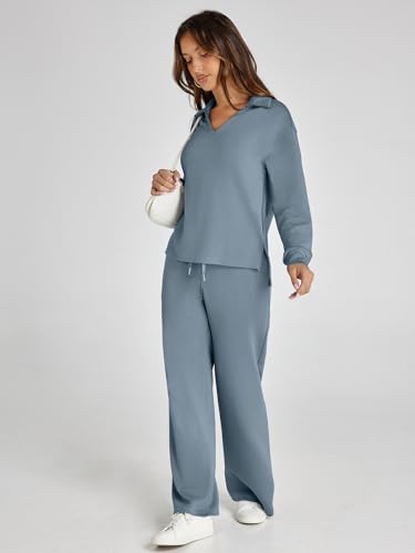 Glamaker Fall Outfits For Women 2024 Long Sleeve Two Piece Sets V Neck Lounge Sets 2 Piece Sweat Set (Dusty Blue XL) - Image 3