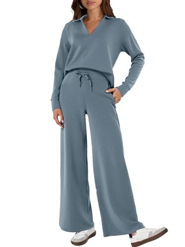 Glamaker Fall Outfits For Women 2024 Long Sleeve Two Piece Sets V Neck Lounge Sets 2 Piece Sweat Set (Dusty Blue XL) - Image 1