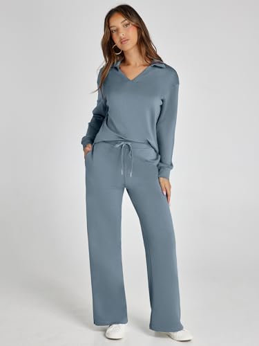 Glamaker Fall Outfits For Women 2024 Long Sleeve Two Piece Sets V Neck Lounge Sets 2 Piece Sweat Set (Dusty Blue XL) - Image 2