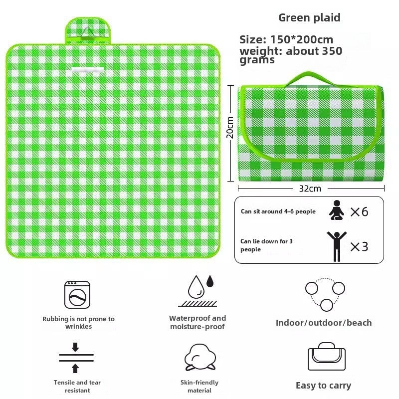 Thick Waterproof Picnic Mat Ins Style Folding Green (check) with storage bag 
