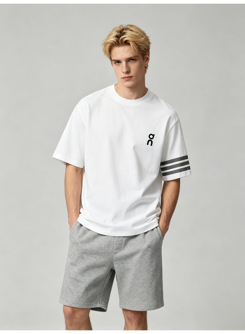 On Running Men’s White Crew Neck Short Sleeve T-Shirt with Black Logo & Three Grey Sleeve Stripes - Image 5
