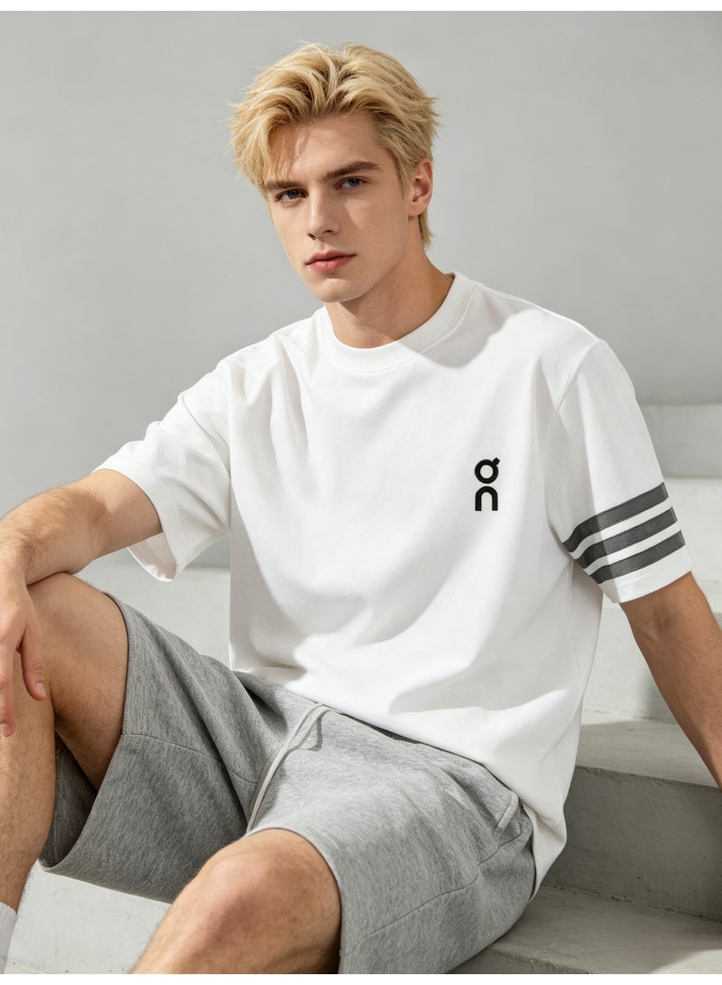 On Running Men’s White Crew Neck Short Sleeve T-Shirt with Black Logo & Three Grey Sleeve Stripes - Image 3