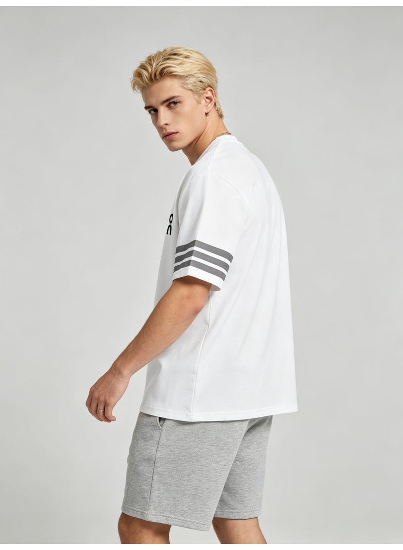 On Running Men’s White Crew Neck Short Sleeve T-Shirt with Black Logo & Three Grey Sleeve Stripes - Image 2