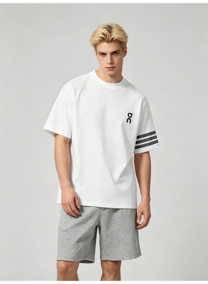 On Running Men’s White Crew Neck Short Sleeve T-Shirt with Black Logo & Three Grey Sleeve Stripes - Image 4