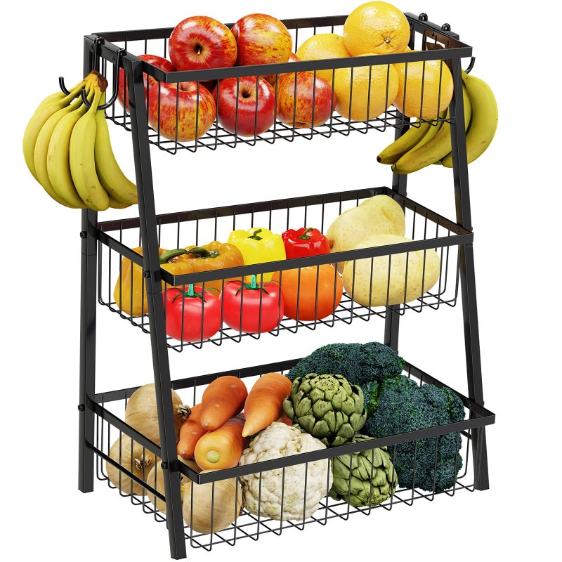 Simple Trending 3 Tier Fruit Basket Metal Wire with 4 Banana Hooks Countertop Fruit Vegetable Basket Kitchen Organizer for Bread Snack Veggies Produce Black