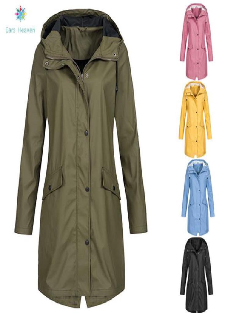 Eckek - EAR Women Solid Rain Outdoor Plus Size Hooded Raincoat Windproof Long Jacket Coat - Image 1