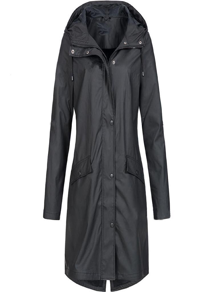 Eckek - EAR Women Solid Rain Outdoor Plus Size Hooded Raincoat Windproof Long Jacket Coat - Image 1