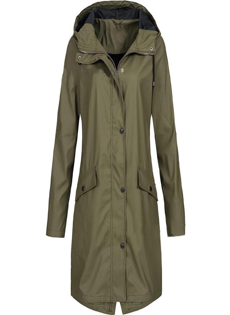 Eckek - EAR Women Solid Rain Outdoor Plus Size Hooded Raincoat Windproof Long Jacket Coat - Image 1
