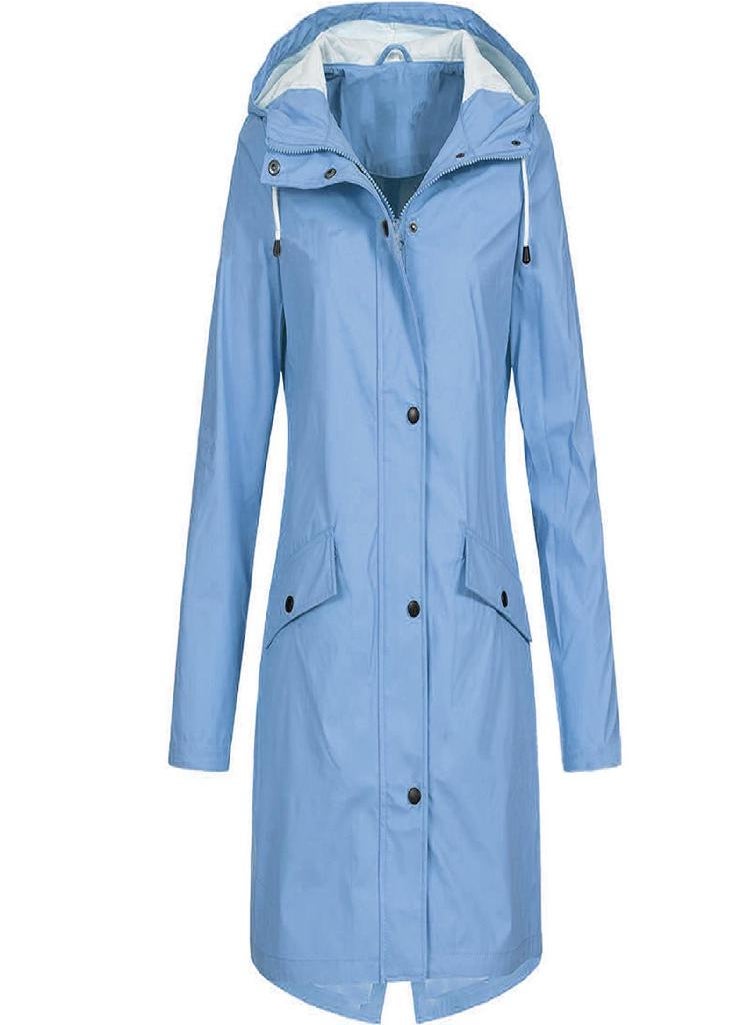 Eckek - EAR Women Solid Rain Outdoor Plus Size Hooded Raincoat Windproof Long Jacket Coat - Image 1
