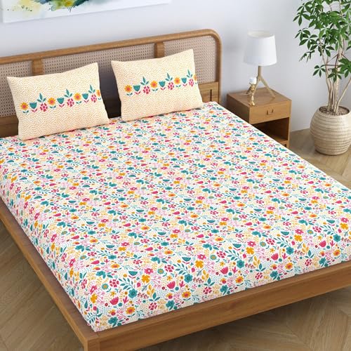 Colorish Cotton Blend Jaipuri Printed Double Bedsheet King Size with 2 Pillow Covers, Orange - Image 1
