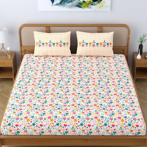 Colorish Cotton Blend Jaipuri Printed Double Bedsheet King Size with 2 Pillow Covers, Orange - Image 2