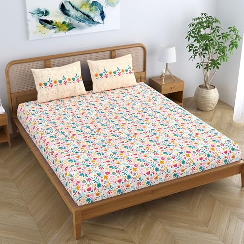 Colorish Cotton Blend Jaipuri Printed Double Bedsheet King Size with 2 Pillow Covers, Orange - Image 4