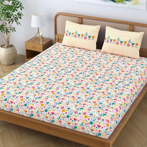 Colorish Cotton Blend Jaipuri Printed Double Bedsheet King Size with 2 Pillow Covers, Orange - Image 3