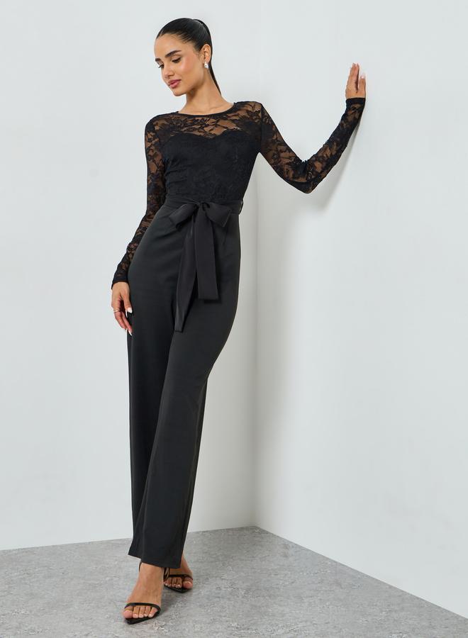 Styli Black Straight Leg Evening Jumpsuit with Lace Sleeves - Image 3