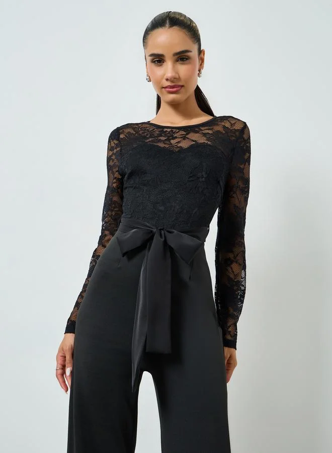 Styli Black Straight Leg Evening Jumpsuit with Lace Sleeves
