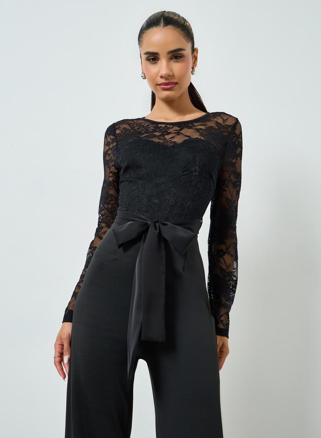 Styli Black Straight Leg Evening Jumpsuit with Lace Sleeves - Image 2