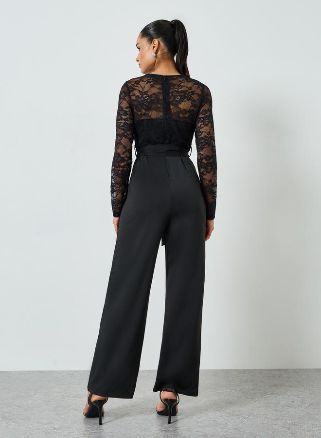 Styli Black Straight Leg Evening Jumpsuit with Lace Sleeves - Image 5