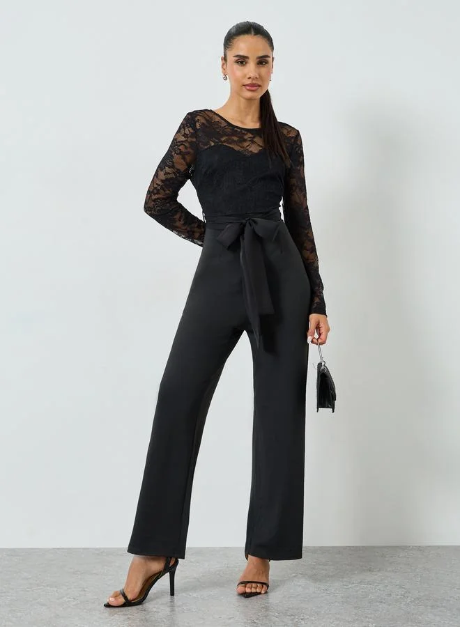 Black Straight Leg Evening Jumpsuit with Lace Sleeves