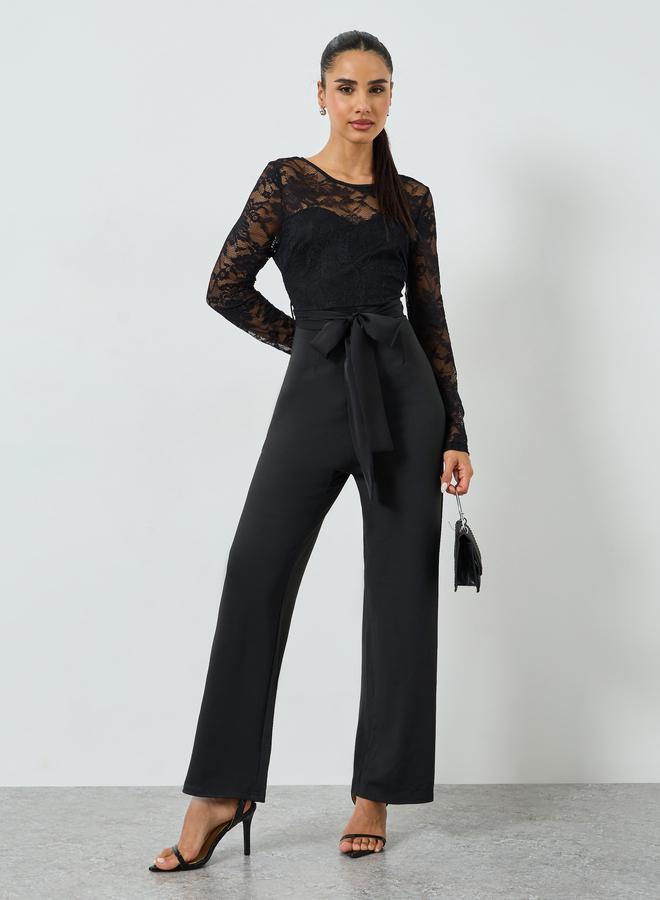 Styli Black Straight Leg Evening Jumpsuit with Lace Sleeves - Image 1
