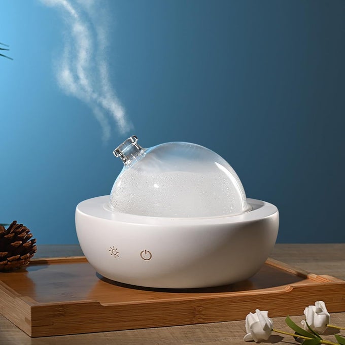 GLASS ESSENTIAL OIL DIFFUSER WITH REAL WOOD BASE, 180ML AROMATHERAPY DIFFUSER WITH 2 MIST MODES, 7 COLORS LED LIGHT ULTRASONIC COOL MIST HUMIDIFIER FOR HOME AND OFFICE