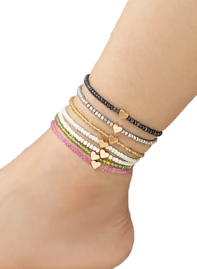Heart Anklet Gold Beaded Anklets for Women Charm Bohemian Stackable Clay Beads Set Colorful Stretch Surfer Friendship Anklets Summer Beach Boho Jewelry Gift - Image 1