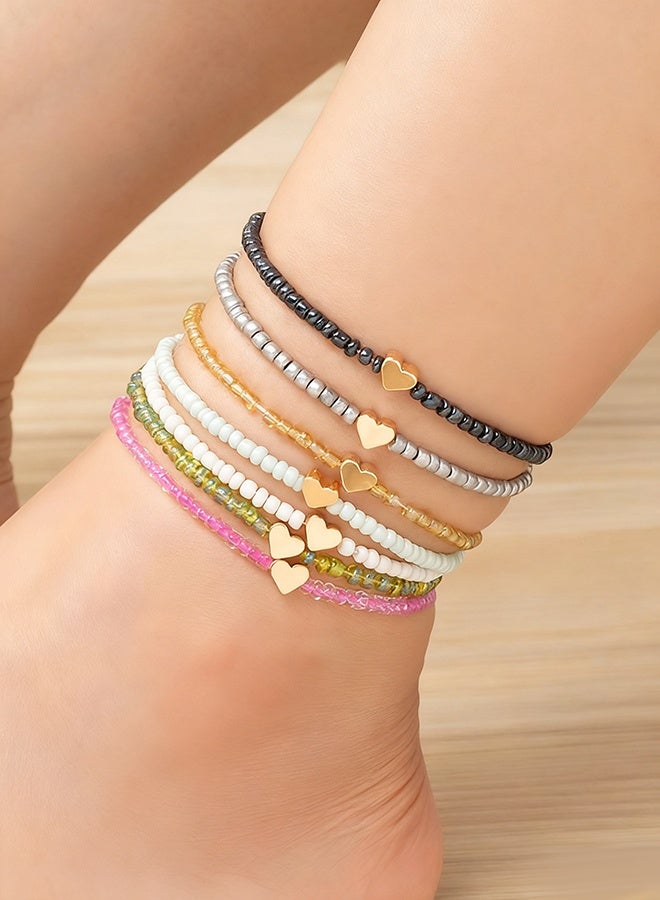 Heart Anklet Gold Beaded Anklets for Women Charm Bohemian Stackable Clay Beads Set Colorful Stretch Surfer Friendship Anklets Summer Beach Boho Jewelry Gift - Image 2
