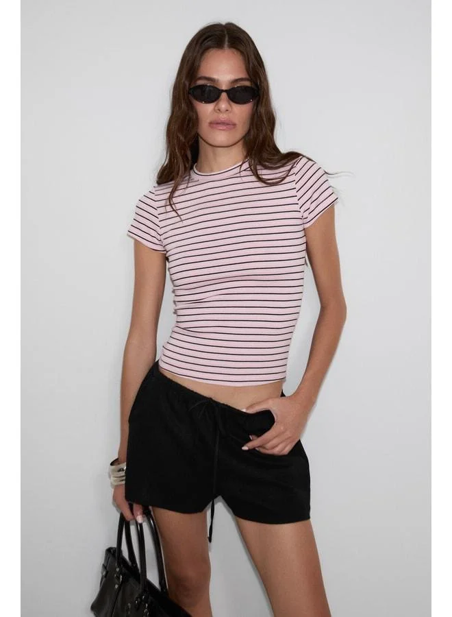 Grimelange HOPEWELL Women's Round Neck Knitted Slim Fit Pink-Black-White Striped T-Shirt.