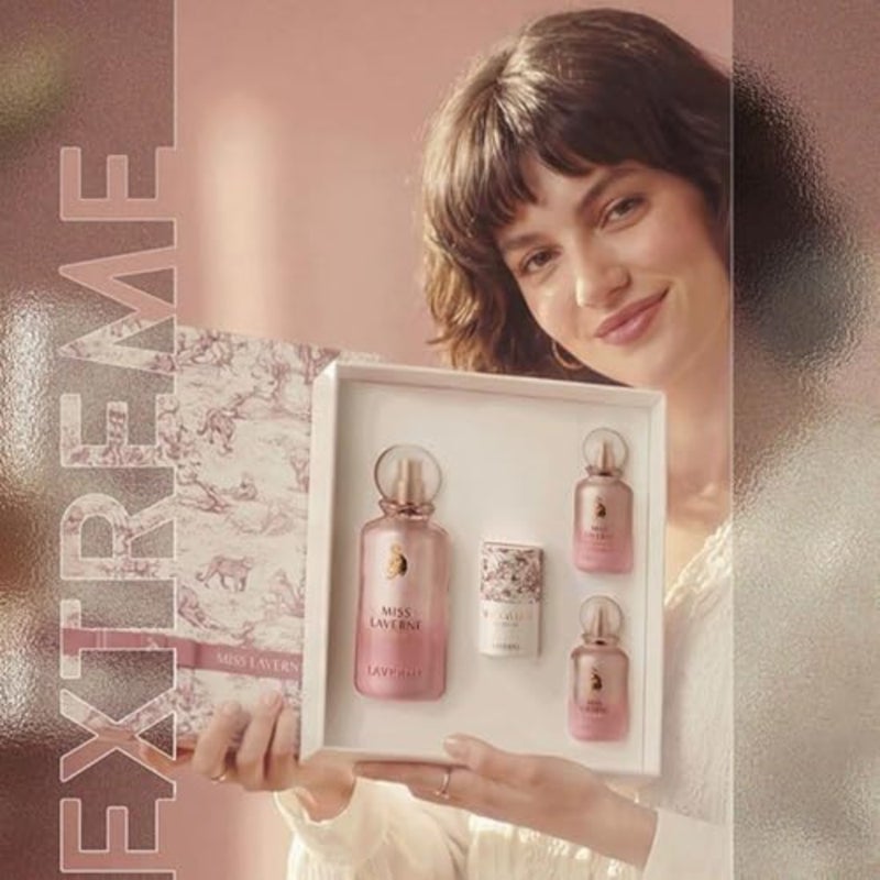مجموعة Miss Extreme Luxury مكونة من 4 قطع تدوم طويلاً برائحة التوقيع الأصلي لافيرن Miss Laverne Extreme عطر نسائي - 150 مل + 25 مل + عطر للشعر + وشاح - Image 4