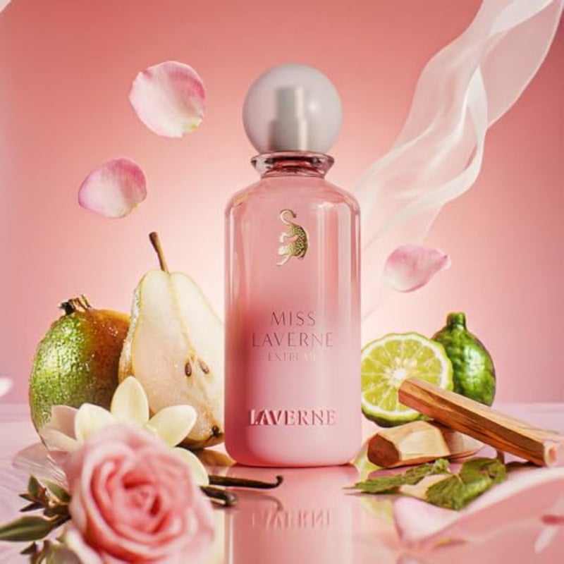 مجموعة Miss Extreme Luxury مكونة من 4 قطع تدوم طويلاً برائحة التوقيع الأصلي لافيرن Miss Laverne Extreme عطر نسائي - 150 مل + 25 مل + عطر للشعر + وشاح - Image 3