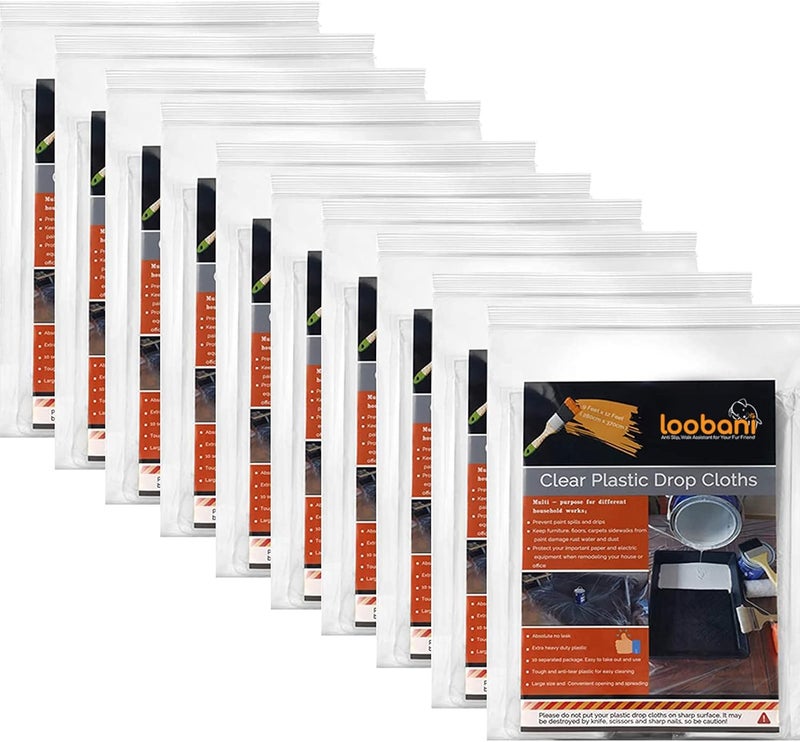LOOBANI 10 Piece Waterproof Plastic Drop Cloths, 9x12 Feet Disposable Tarp for Painting and Furniture Cover - Image 1