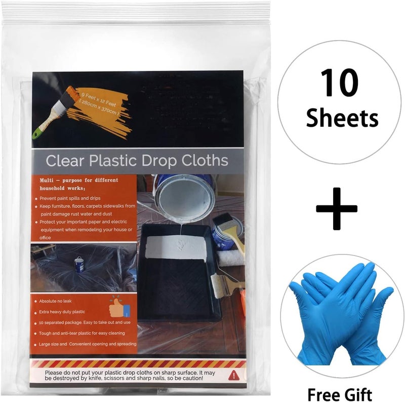 LOOBANI 10 Piece Waterproof Plastic Drop Cloths, 9x12 Feet Disposable Tarp for Painting and Furniture Cover - Image 2