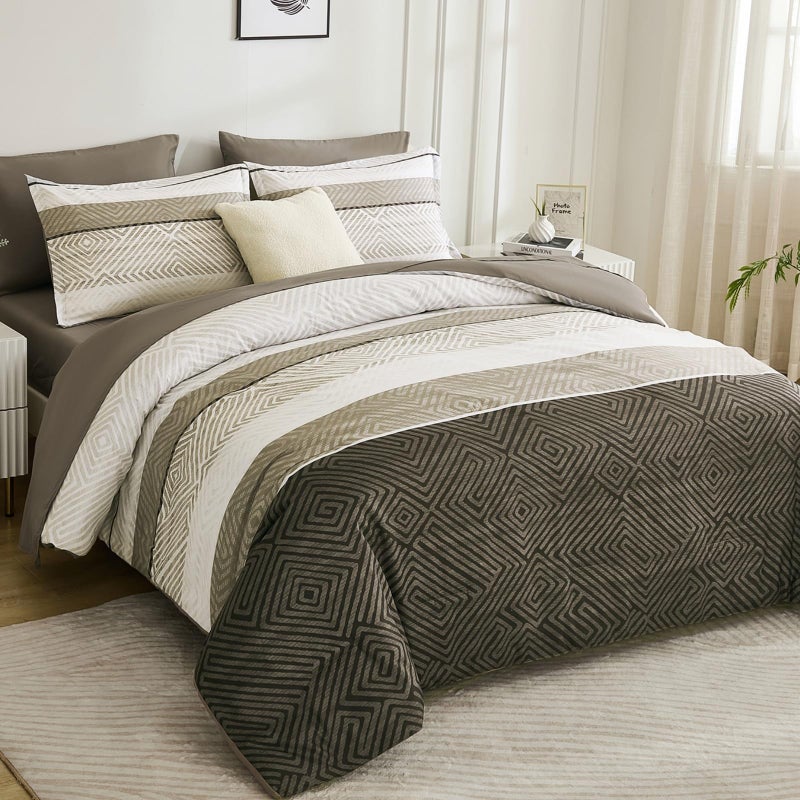 Drucon Comforter Set Queen Size 7 Piece Bed in a Bag Brown Striped Bedding Set Soft Microfiber Comforter and Sheet Set for All Season (Queen, 90"x90") - Image 1