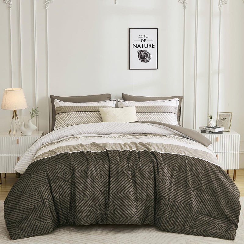 Drucon Comforter Set Queen Size 7 Piece Bed in a Bag Brown Striped Bedding Set Soft Microfiber Comforter and Sheet Set for All Season (Queen, 90"x90") - Image 2