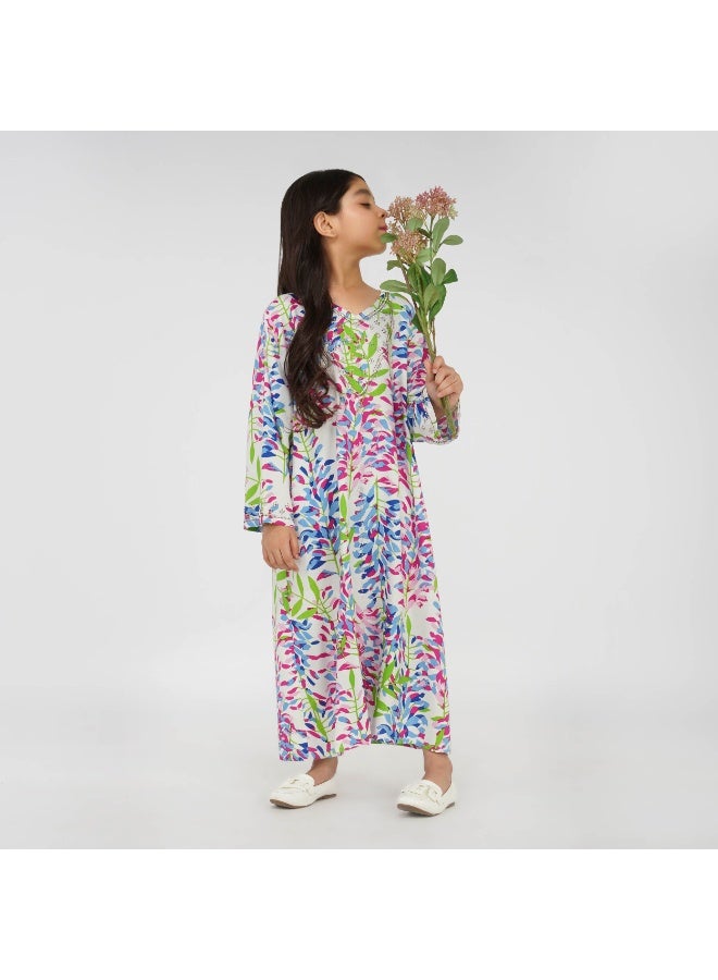 Linelle Printed Kids Jalabiya –  Maxi with Vibrant Prints, V-Neck and Stone Embellishments - Image 1