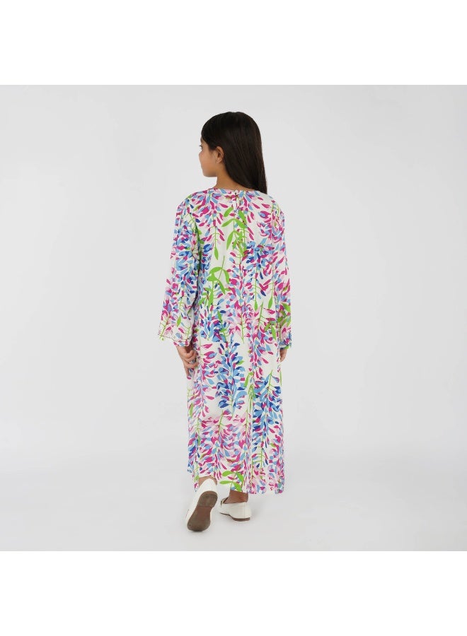 Linelle Printed Kids Jalabiya –  Maxi with Vibrant Prints, V-Neck and Stone Embellishments - Image 2