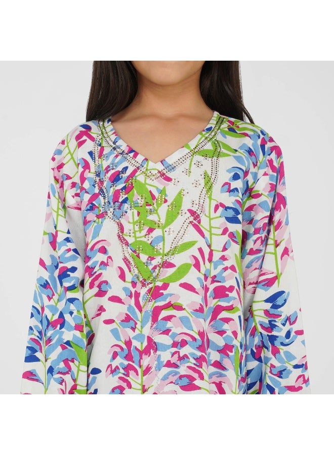 Linelle Printed Kids Jalabiya –  Maxi with Vibrant Prints, V-Neck and Stone Embellishments - Image 5
