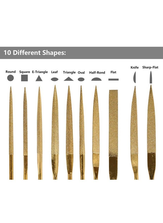 Yakamoz Yakamoz 10 Pcs Titanium Coated Mini Diamond File Set Flat Needle Square Round Triangular Shape Rifler Files for Metal Jewelry Glass Wood Carving Sanding Polishing Tool - 3x140mm  - Image 3