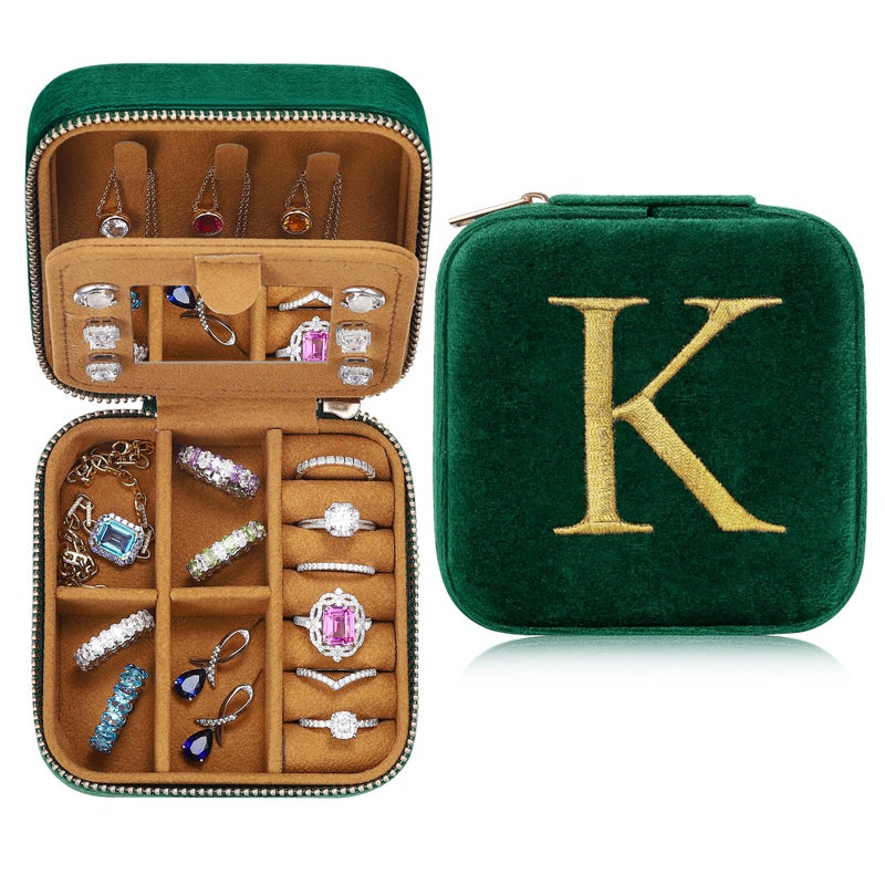 Parima Travel Jewelry Case Small Jewelry Boxes for Women Personalized Custom Monogrammed Jewelry Box for Woman Letter K Green