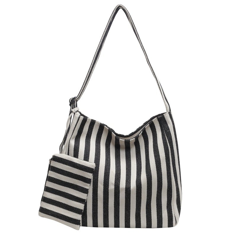 Korean Style Lazy Style Striped Canvas Bag Artistic Fashion Commuter Shoulder Bag Travel Shopping Bag Crossbody Bag Tote Bag - Image 1
