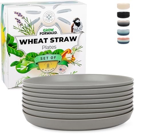 Grow Forward Premium Wheat Straw Plates  10 Inch Reusable Hard Plastic Dinner Plates Set of 8  Unbreakable Microwave Safe Plates for Dessert Camping RV Outdoors Patio Kitchen Dishes  Feather