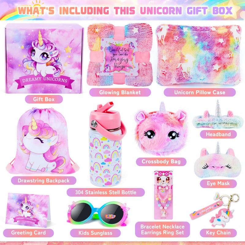 Auspicious beginning Unicorn Toys for Girls Kids Toys 5 6 7 8 9 10+ Years Old, Kids Unicorn Gifts with Glowing Blanket/ Water Bottle/ Eye Mask/Headband/Crossbody Bag/Sunglass/12PCS Birthday Gift for Girls 6-10+ - Image 2