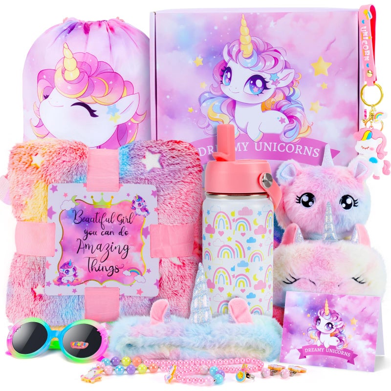 Auspicious beginning Unicorn Toys for Girls Kids Toys 5 6 7 8 9 10+ Years Old, Kids Unicorn Gifts with Glowing Blanket/ Water Bottle/ Eye Mask/Headband/Crossbody Bag/Sunglass/12PCS Birthday Gift for Girls 6-10+ - Image 1