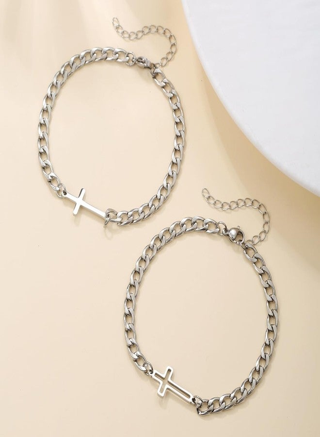 PINCHUAN Couples Bracelets for Women/Men Matching Bracelets Adjustable Heart/Cross Couples Matching Bracelet Stainless Steel Promise Bracelet Valentine Anniversary Birthday Christmas Gift-Cross - Image 3