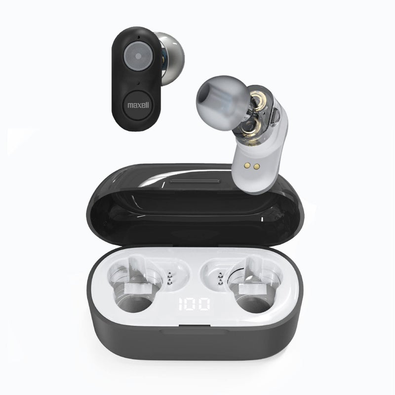 Maxell â€“ 199652, Experience High-Fidelity Sound with Dual-Driver True Wireless Earbuds - Featuring Bluetooth 5.0, 20 Hours of Playtime, Pro Noise Cancelling and IPX3 Water Resistance - Black/Grey - Image 1