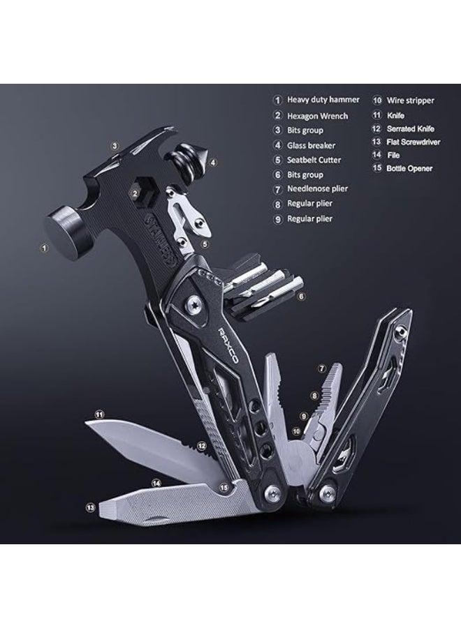 Soofam Hammer Multitool 15 in 1 Mini Hammer Camping with Pocket Clip & Cut Resistant Gloves, Father Day Husband Boyfriend Multitool Gift for Men(6.412.831inch) - Image 2