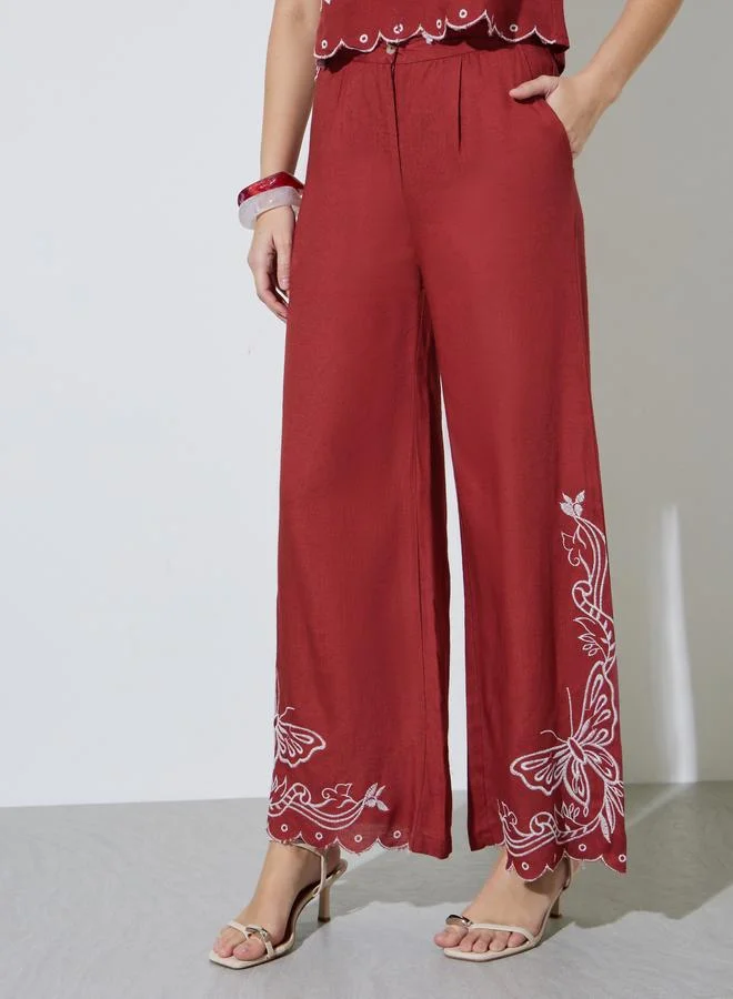 Styli  Red Embroidered Top and Wide-Leg Trousers Set for Women | Best Price UAE