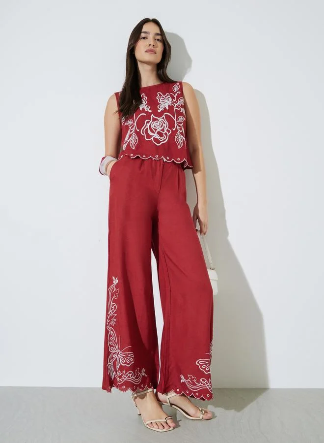 Red Embroidered Top and Wide-Leg Trousers Set