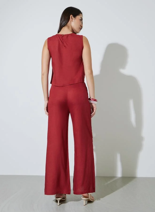 Styli  Red Embroidered Top and Wide-Leg Trousers Set for Women | Best Price UAE