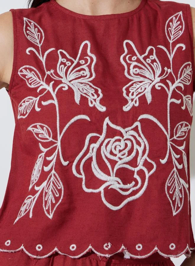 Styli  Red Embroidered Top and Wide-Leg Trousers Set for Women | Best Price UAE